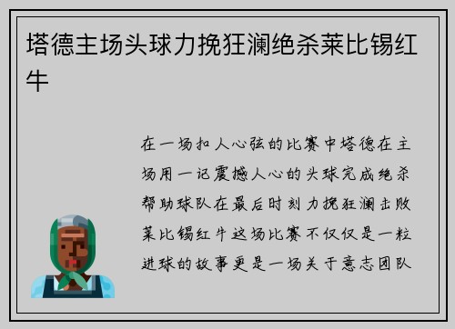 塔德主场头球力挽狂澜绝杀莱比锡红牛 塔德主场头球力挽狂澜绝杀莱比锡红牛