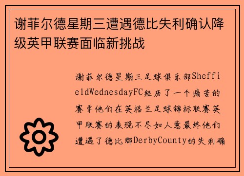谢菲尔德星期三遭遇德比失利确认降级英甲联赛面临新挑战